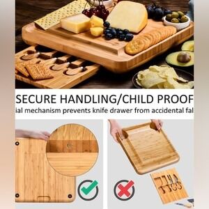Kunaboo Natural Bamboo Cheese Board Set with Cutlery Drawer and Ceramic Bowls